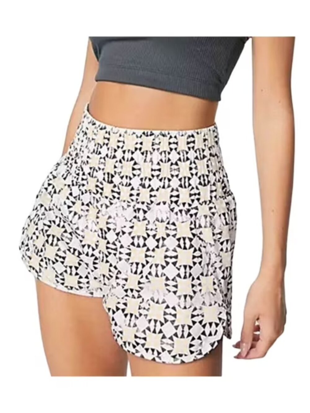 FP Movement Athletic Shorts Large Black White Geometric Print Smocked Waist Gym